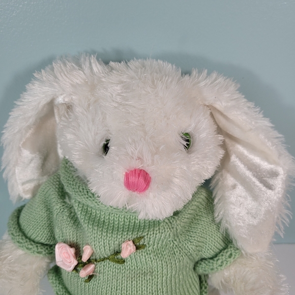 Dan Dee Collector's Choice White Easter Bunny Rabbit Green Sweater Pink Rose 12" - Picture 3 of 8